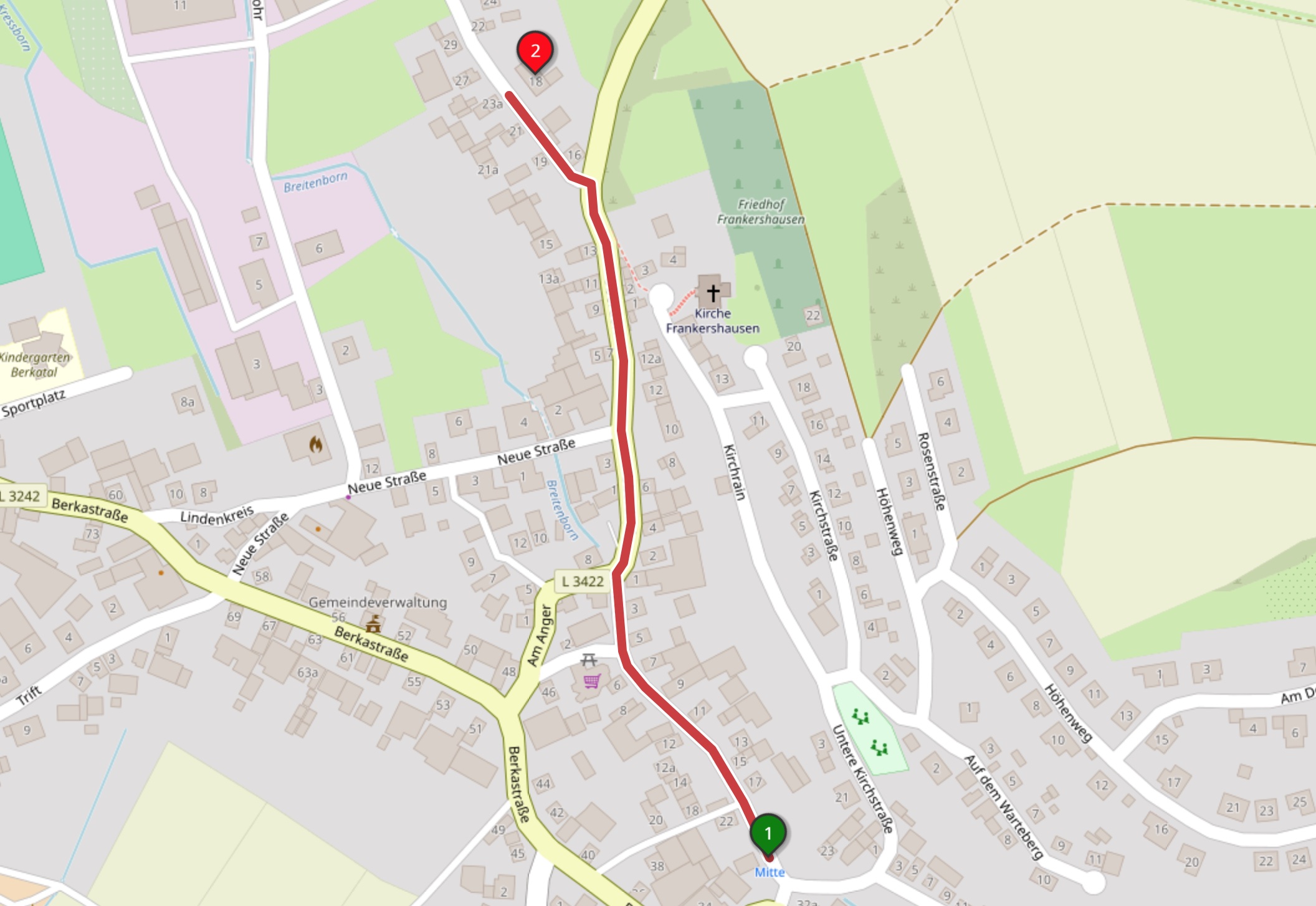 Eine Karte, die den Weg von der Bushaltestelle Frankershausen-Mitte zum Holle-Zentrum zeigt.